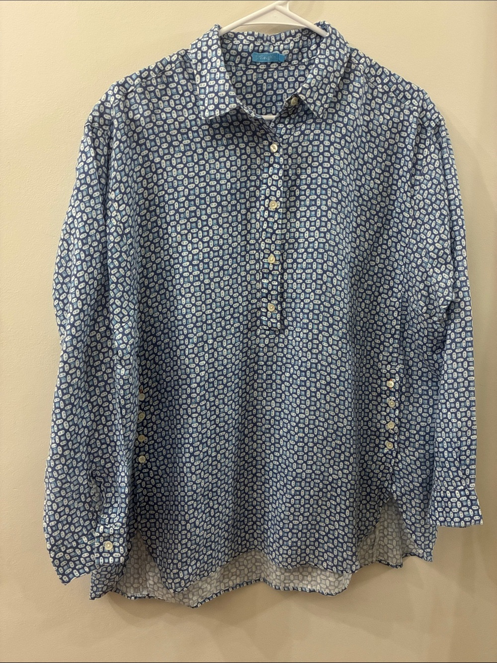 J McLaughlin Blue Printed Long-Sleeve Pullover tunic Shirt - 100% linen - L